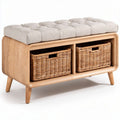 Banco de almacenamiento de madera con tapiz beige y cestos de mimbre 80 x 40 x 45cm