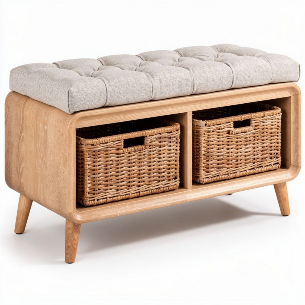 Banco de almacenamiento de madera con tapiz beige y cestos de mimbre 80 x 40 x 45cm