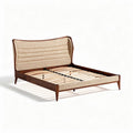 Cama tapizada en tela beige con estructura de madera 210 x 160 x 100cm