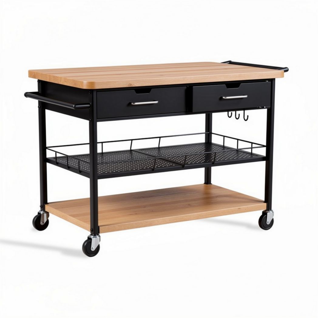Mesa de cocina móvil con ruedas de acero y madera 90 x 60 x 85cm