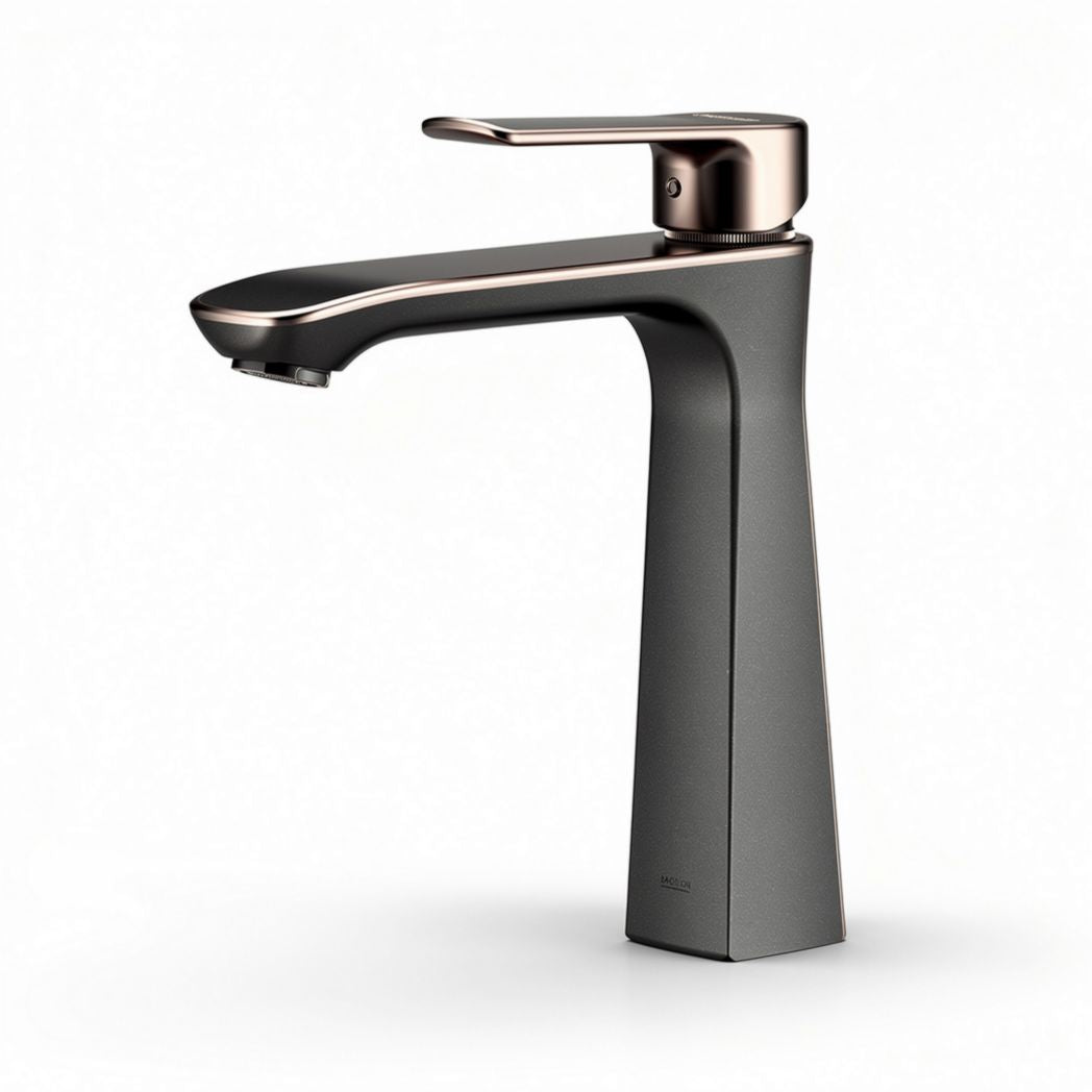 Grifo de lavabo monomando en acabado negro mate y detalles en oro rosa 25 x 15 x 10cm