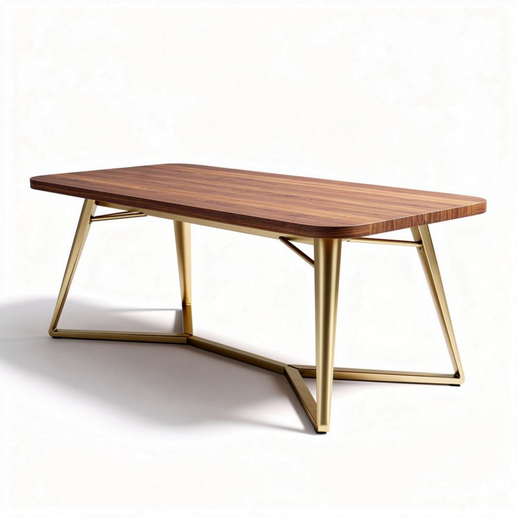 Mesa de comedor rectangular de madera de nogal con estructura metálica dorada 120 x 60 x 75cm