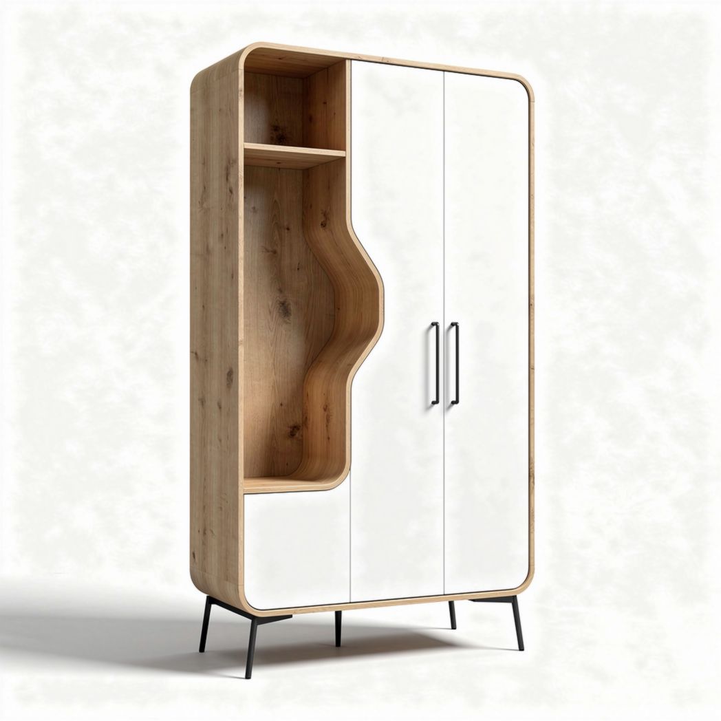 Armario moderno de madera y metal con estante y puertas blancas 180 x 90 x 40cm